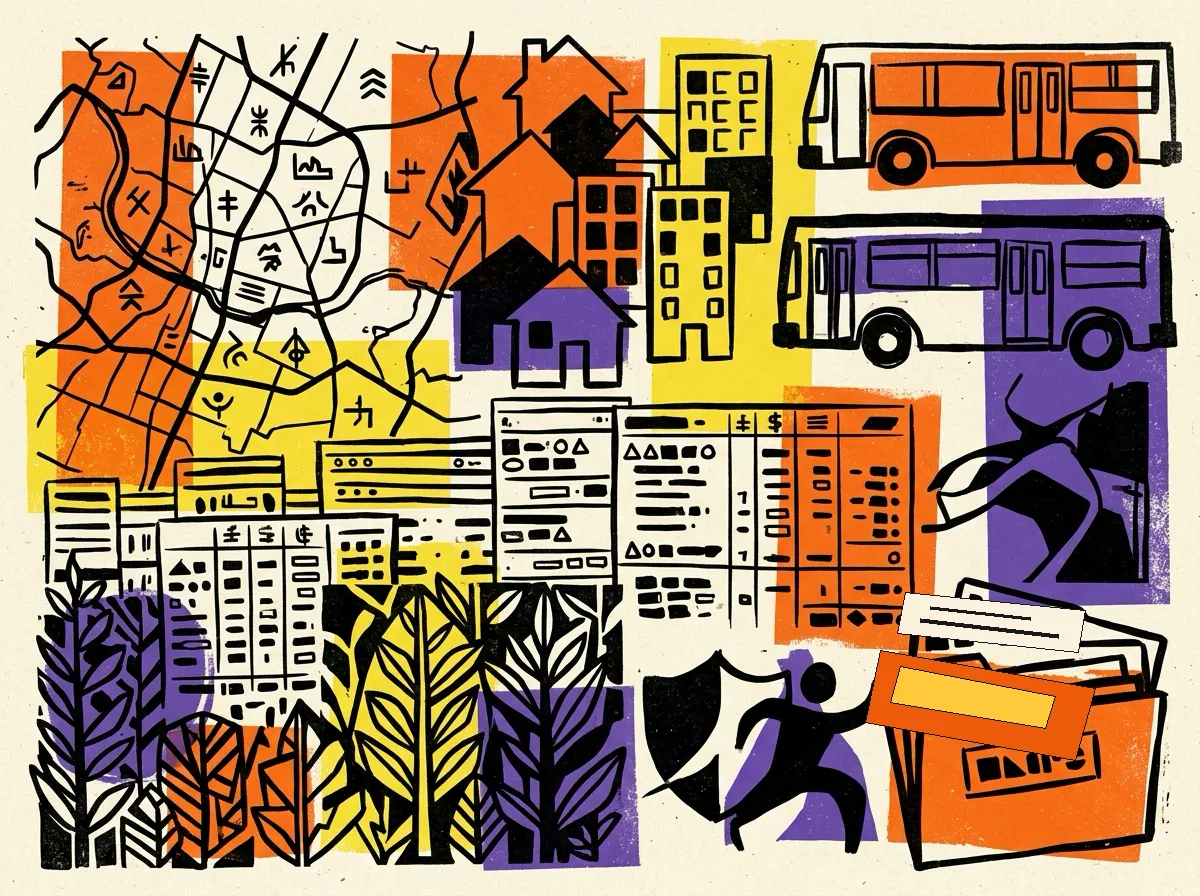 Editorial collage of Austin policy issues