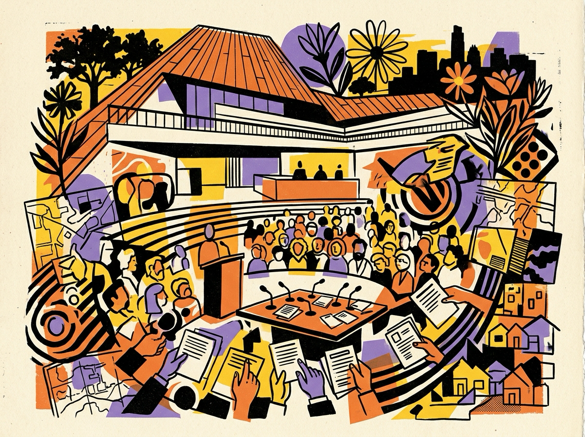 Editorial collage of Austin civic life
